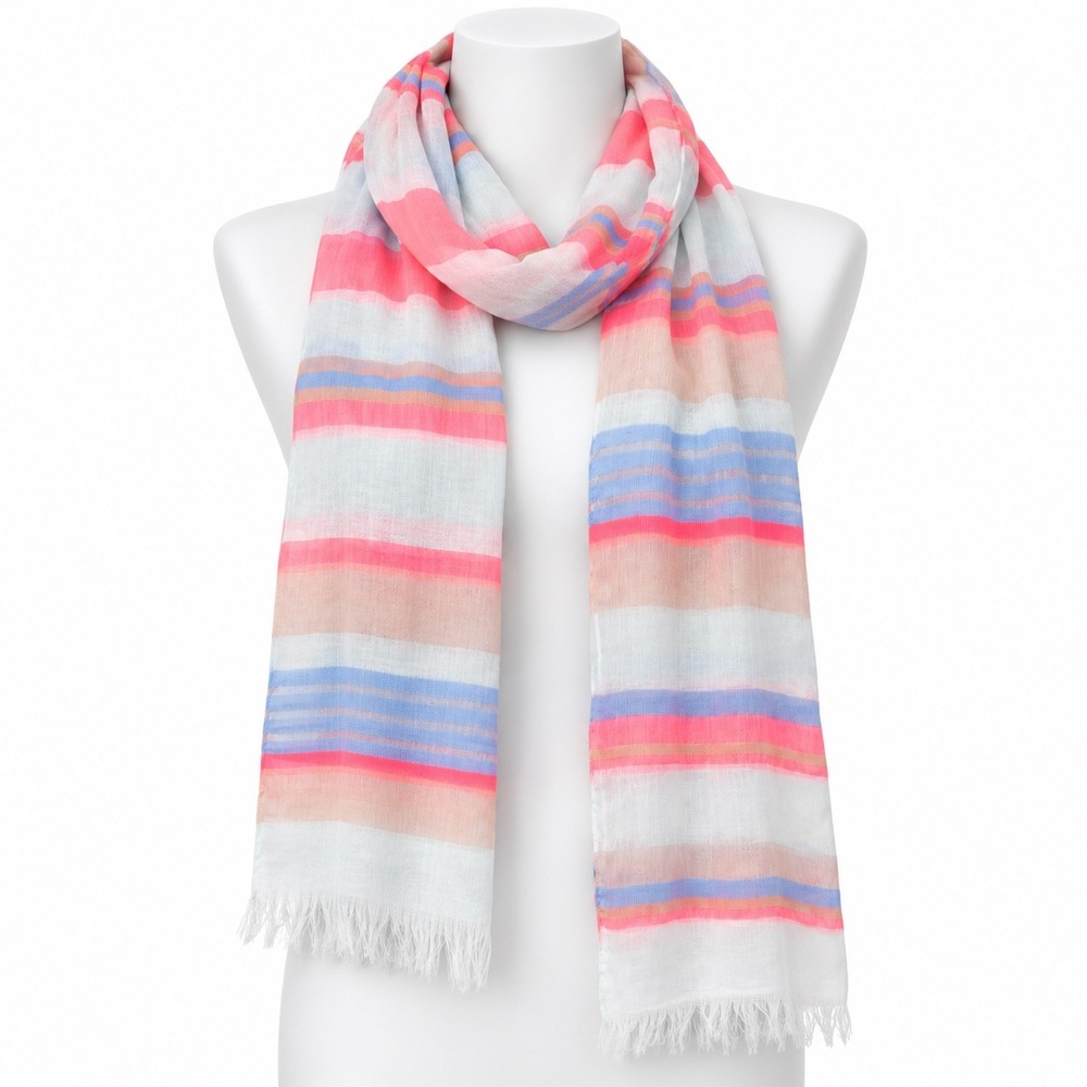 Lane Bryant Scarf Women Pink Blue Striped Sheer Gauze Fringe Coastal Preppy NWT
